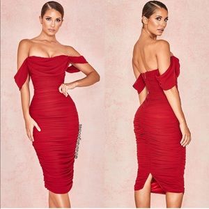 HOUSE OF CB Carlotta Dress Red Ruched Midi Cocktail Party